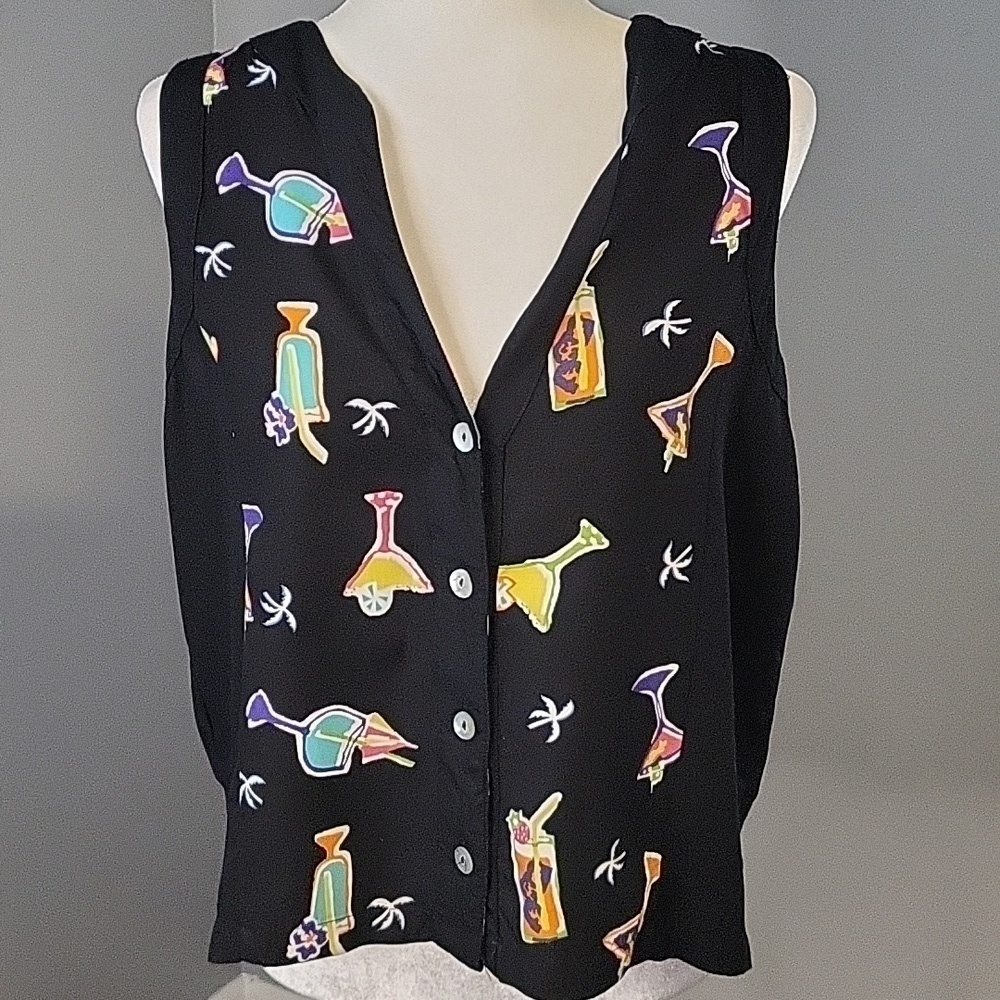 Paradiso Black Button Down Rayon Vacation Cocktails Party Cruise Tank Top Size L